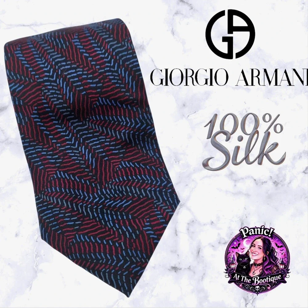 Giorgio Armani Vintage Tie Silk Navy Red Abstract Chevron Italian Luxury Wedding